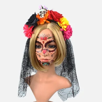 Хэллоуин паутина повязка на голову вечеринка череп головной убор черно-красная имитация роза цветок повязка на голову цветочная корона Мода ЖЕНЩИНЫ